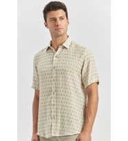 Yeşil Kısa Kollu Baskılı Düğmeli Yaka Keten Casual Slim Fit Dar Kesim Gömlek 1004240241