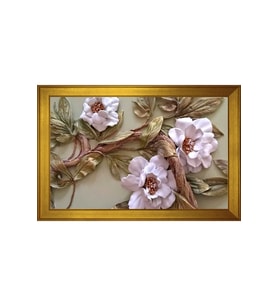 Soyut Beyaz Çiçekler Motifli Kanvas Tablo 50 x 70 cm Gold Çerçeve