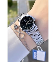 Casio CSISTE69 Kadranı Siyah Kordonu Gümüş Renk Hediye Paketli Kadın Kol Saati ve Bileklik