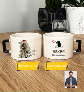 Kişiye Özel Karikatürlü Asker Lüks Fincan Askere Hediye Asker Sevgiliye Hediye (Siyah)
