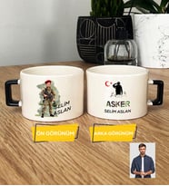 Kişiye Özel Karikatürlü Asker Lüks Fincan Askere Hediye Asker Sevgiliye Hediye (Siyah)