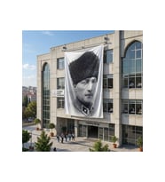 Siyah Beyaz Kalpaklı Atatürk Portresi Poster Bayrak Raşel Kumaş 6x9 metre ATA30