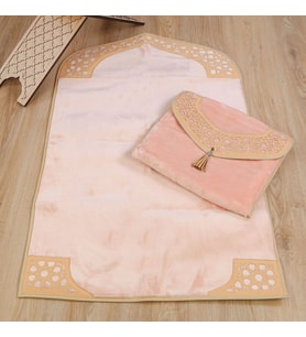 Lüks Çantalı Kaymaz Deri Tabanlı Soft Yumuşak Peluş Seccade Pembe (Seccade 72*228 cm, Çanta 39*44 cm)