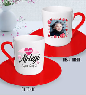 BK Gift Kişiye Özel Fotoğraflı Evimizin Meleği Tasarımlı Kırmızı Türk Kahvesi Fincanı-1 (Beyaz)