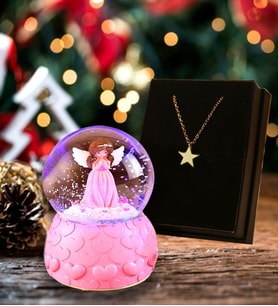 Arkadaşa Yılbaşı Hediyesi Yıldız Kolye & Pembe Işıklı Peri Kar Küresi