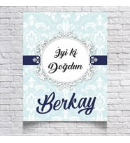 MAVİ DAMASK DESENLİ DOĞUM GÜNÜ AFİŞİ 35X50 cm