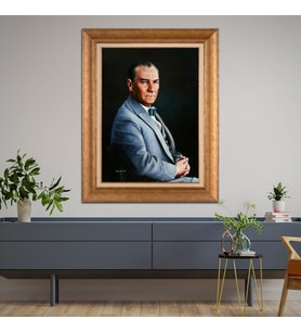 Altın Varaklı Çerçeveli Paspartulu Atatürk Tablo TR0739 (Gold)