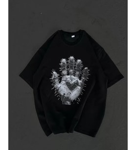 pilelistore- Unisex Bisiklet Yaka Baskılı Oversize T-Shirt - Siyah