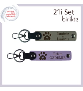 Hayvan Sever Çiftlere Uygun 2'li Set, Kalpli Pati Motifli Deri Anahtarlık Takım, Kül Gri-Mor Menekşe