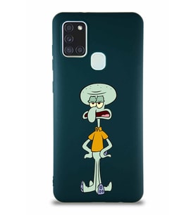 Samsung Galaxy A21S Soft Premier Kapak Squidward Dokunaç Tasarımlı Silikon Kılıf - Yeşil (Şeffaf)