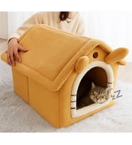 Evi Yumuşak Kedi Yatağı Peluş Derin Uyku Evi, Çıkarılabilir Minderli, Isı Yalıtımlı Kışlık Ev Katlanır Kedi Evi (camel)