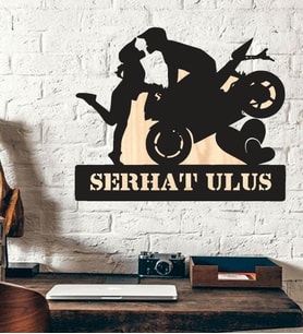 Kişiye Özel Motorcu Couple Motorcycle  Ahşap Duvar Tablo