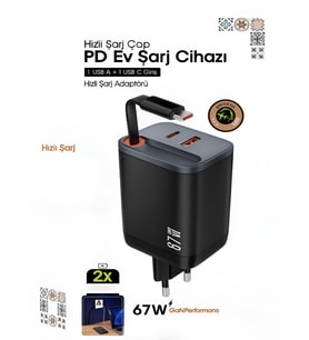 PD 67W 1xUSB 1xType-C Girişli 2X Fast Hızlı Şarj Adaptörü Universal Çoklayıcı