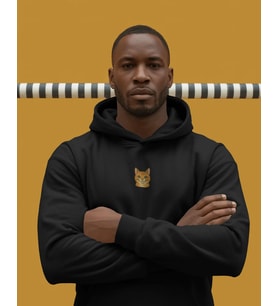 Turuncu Tekir Kedili Hoodie Unisex %100 Pamuk  Siyah Kapüşonlu Sweatshirt Göğüs Ortası Minimal Logo