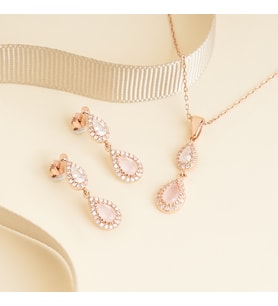 95 Ayar  Rose Kaplama Rose  Damla Pembe Kuvars Taşlı  İkili Gümüş Set