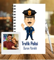Kişiye Özel Trafik Polisi Tasarımlı Ahşap Defter Kalem & Instagram Çerçeve Hediye Seti