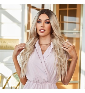 Kumral Ombre/ Balköpüğü Platin Röfleli Orta Boy Tül Peruk