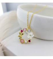 Vaoov 925 Ayar Gümüş Pembe Taşlı Sedef Çiçekli Kolye (Gold)