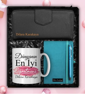Öğretmenler Gününe Özel Tasarım Kupa & Kişiye Özel Cüzdan & Defter & Kalem Hediye Seti (Turkuaz)