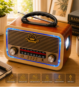 Kişiye Özel İsimli Ahşap Nostaljik Görünümlü Güneş Enerjili Bluetoothlu Ledli Radyo