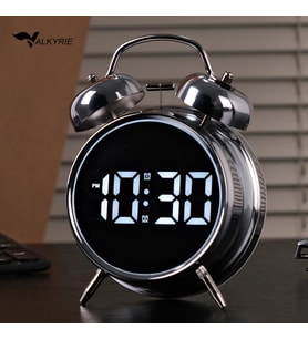 Valkyrie LED Ekranlı Analog Alarmlı Masa Saati Çalar Saat Pil Dereceli Çift Alarmlı Dijital Saat Gümüş