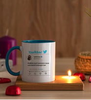 Kişiye Özel Twitter Tasarım Fotoğraflı Ahşap Altlıklı Mumlu Mavi Kupa