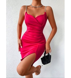 Kadın Askılı Kalp Yaka Yırtmaçlı Scuba Elbise (Pembe)