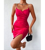 Kadın Askılı Kalp Yaka Yırtmaçlı Scuba Elbise (Pembe)