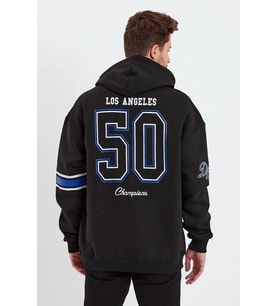 Erkek 3 İplik Pamuklu Kapüşonlu Baskılı Cepli Oversize Sweatshirt Hoodie - Siyah