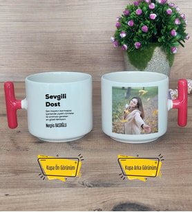 Sevgili Dost Kupa Bardak Fotoğraflı T Kırmızı Kulplu Arkadaşa Hediye, Dosta Hediye