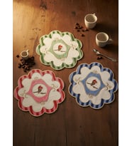 Mavi Yeşil Kırmızı 3 lü Pip Studio Uyumlu Nakışlı Kuş Detaylı Kokteyl Sunum Peçetesi Seti 15x15cm