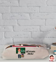 Çocuklara Özel Erkek İlkokul Öğrenci Karikatürlü Keten Okul Kalemliği-4 (Beyaz)