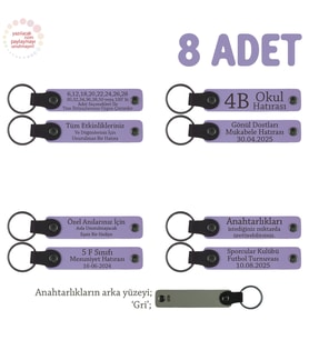 Yaz Kampına Katılan Öğrencilere Özel, 8'li Set, İsme Özel Hatıra Deri Anahtarlık, Mor Menekşe & Gri (Lila - Mor)