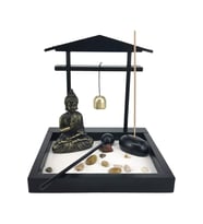 Kişiye Özel Zen Bahçesi Seti Buda Figürlü Çanlı Pagoda Tasarım Ahşap Masaüstü Meditasyon Seti 15 x 13 x 15 cm