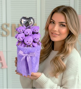 Sevgiliye Deluxe Mor Peluş Silindir Kutuda, Kalpli Balonlu 6’lı Mor Ayıcık Buketi - Arkadaşa Hediye