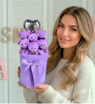 Sevgiliye Deluxe Mor Peluş Silindir Kutuda, Kalpli Balonlu 6’lı Mor Ayıcık Buketi - Arkadaşa Hediye