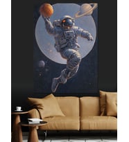 Basketbolcu Zıplayan Astronot Dekoratif Kanvas - Mdf Ahşap Tablo