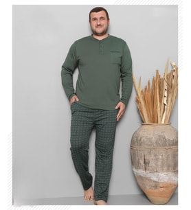 Pijamoni Erkek Battal Düğme Yaka Penye Uzun Kol  Pijama Takımı 6720/7 - 1 Adet (Yeşil)
