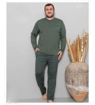 Pijamoni Erkek Battal Düğme Yaka Penye Uzun Kol  Pijama Takımı 6720/7 - 1 Adet (Yeşil)