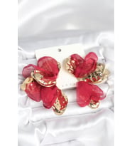 Pirinç Gold Renk Bordo Tüllü Lotus Kadın Küpe - TJ-BKP11372