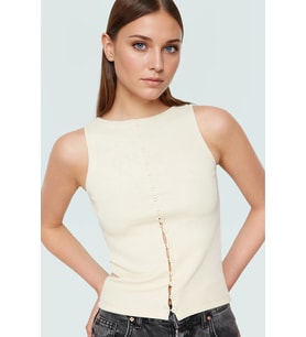 Kadın Kolsuz Örme Bluz Kayık Yaka Fitted Kalıp Rahat Günlük Stil Ve Şık Modern (Taş)