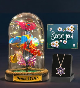 Size Özel İsimli Led Işıklı Kelebek Fanus ve Gerçek Ametist Taşlı Lotus Kolye