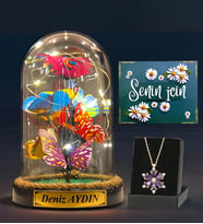 Size Özel İsimli Led Işıklı Kelebek Fanus ve Gerçek Ametist Taşlı Lotus Kolye