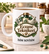 Eczane Teknikeri Kupa Bardak Havan ve Yeşil Yaprak Desenli