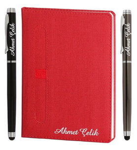 İsme Özel Defter Kırmızı + İsme Özel Metal Roller Kalem  15x21, 224sf. Çizgili 70gr. Termo Deri  İsme Özel Defter  MT-425