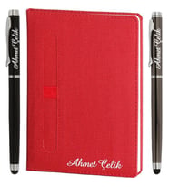 İsme Özel Defter Kırmızı + İsme Özel Metal Roller Kalem  15x21, 224sf. Çizgili 70gr. Termo Deri  İsme Özel Defter  MT-425