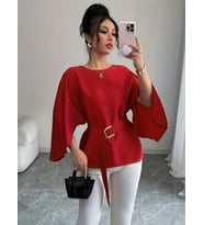 Kadın Uzun Kollu Yuvarlak Yakalı Yarasa Kollu Belden Kuşaklı Atlas Bluz