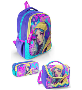 Coral High Kids Lavanta Turkuaz Kulaklı Kız Desenli 3'lü Okul Çanta Seti SET0123661