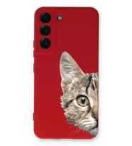 Samsung Galaxy S22 Plus Uyumlu Lansman Kılıf Catface Tasarımlı İçi Kadife Kapak-Kırmızı (Şeffaf)