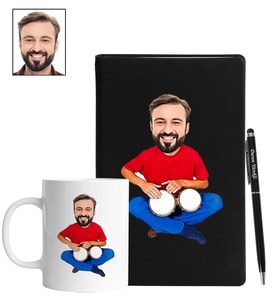 Kişiye Özel Darbuka Tasarımlı Karikatür Siyah Defter Kalem Kupa Seti 108
